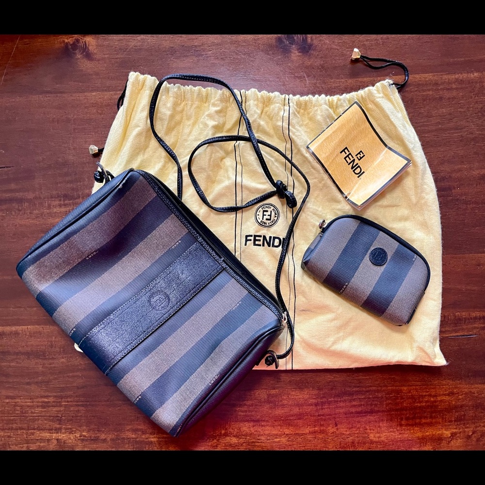 Fendi Vintage monogram pequin striped hand bag and matching change purse.